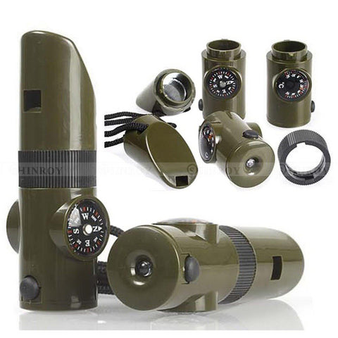7 In1 Multifunctional Survival Whistle Compass Thermometer LED Flashlight